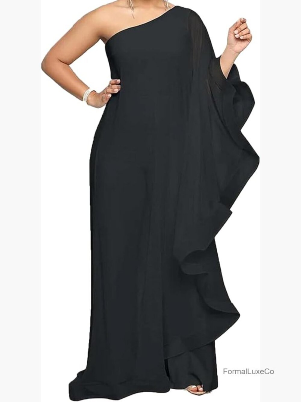 One Shoulder Ruffle Patchwork Wide Leg Long Pants Elegant Jumpsuit Romper